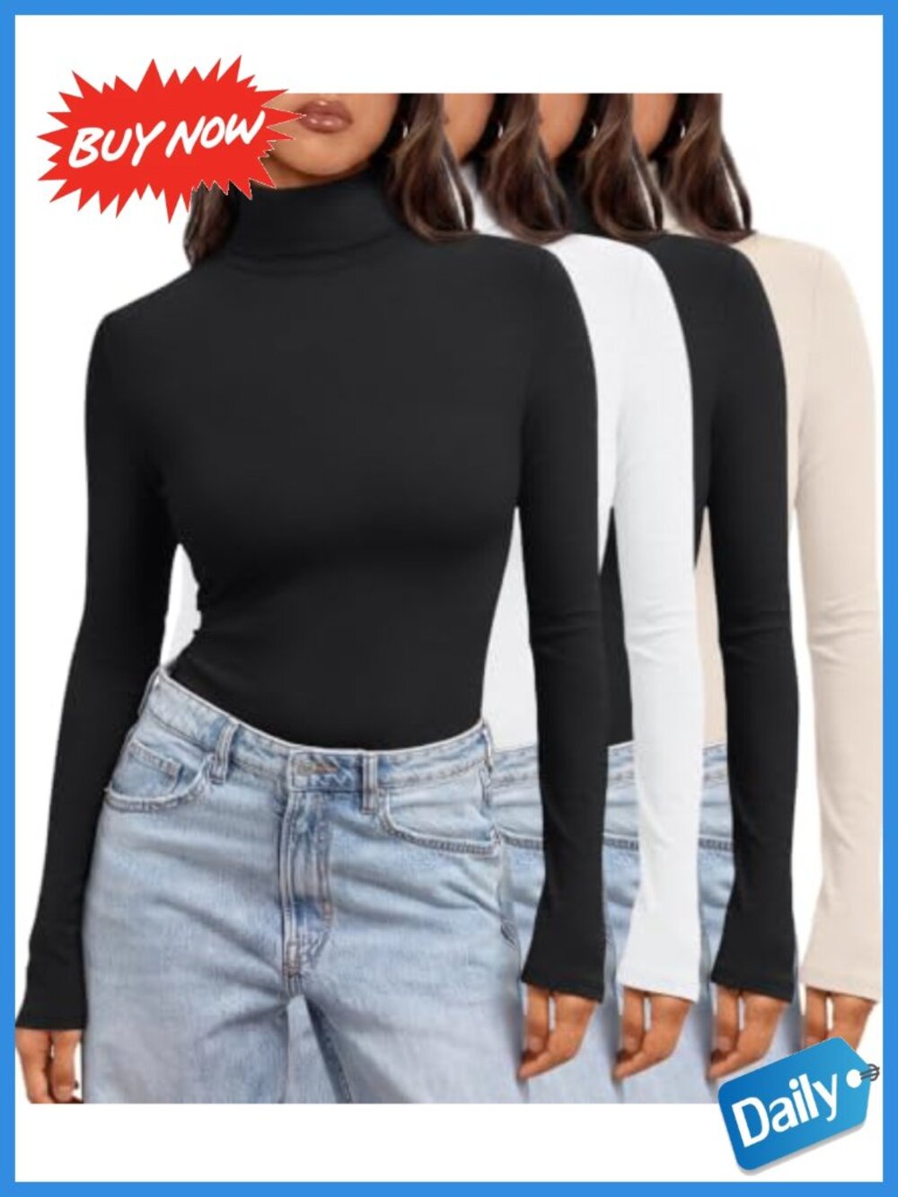 Women's Mock Turtleneck Long Sleeve Slim Fit Basic Tops 4 Pack Rayon Spandex